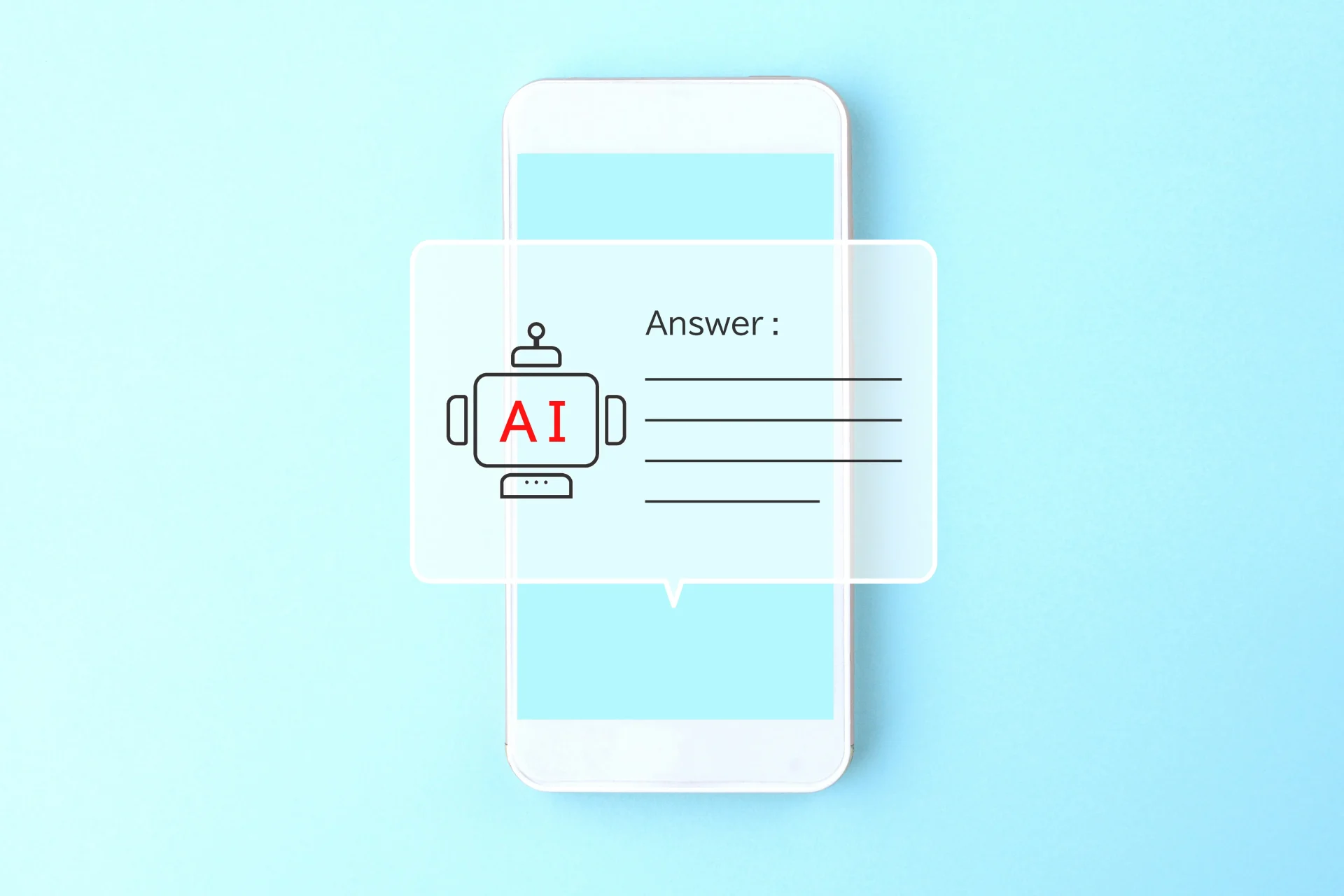 スマホ画面にAIチャットボットのアイコンと「Answer:」の文字